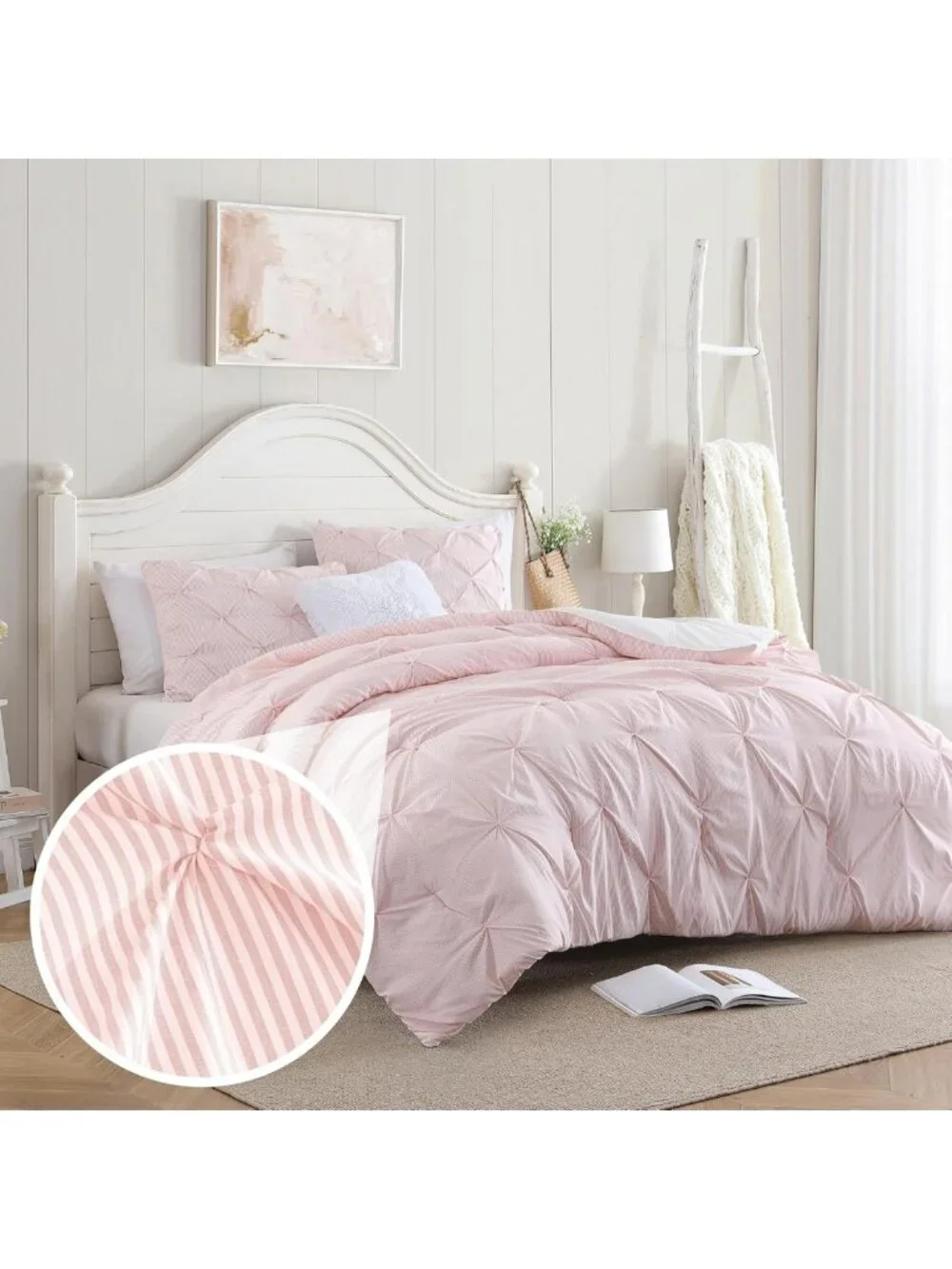 Pinstripe Peach Pink Comforter Set - Classic Pintuck 3-Piece Bedding Set